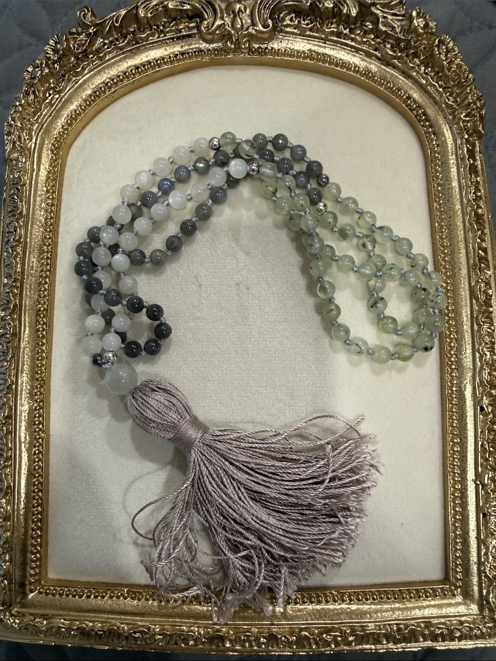 Mala with labradorite, peridot and moonstone